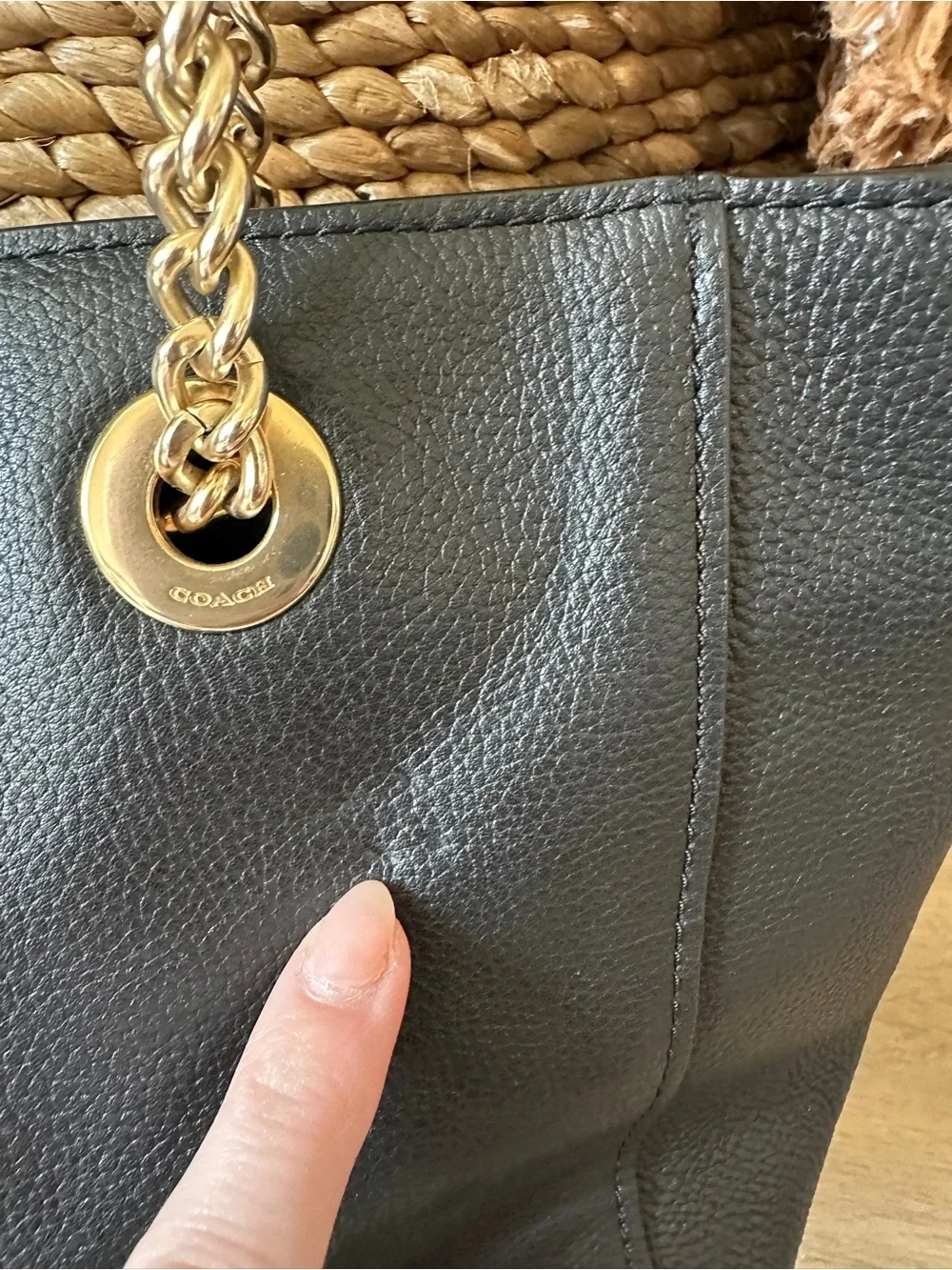 Coach Black Turnlock Leather Tote 27 with Gold Chain Handles